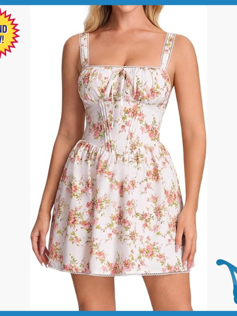 Summer Floral Mini Dress Corset Lace Up Square Neck A-Line Casual